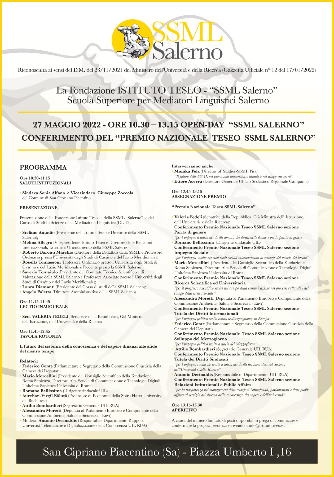 Istituto Teseo, il 27 maggio l’open day e il conferimento dei premi nazionali