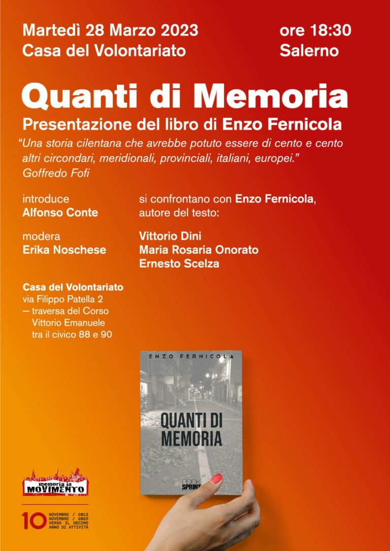 Martedì alla Casa del Volontariato a Salerno la presentazione del libro “Quanti di Memoria” di Fernicola