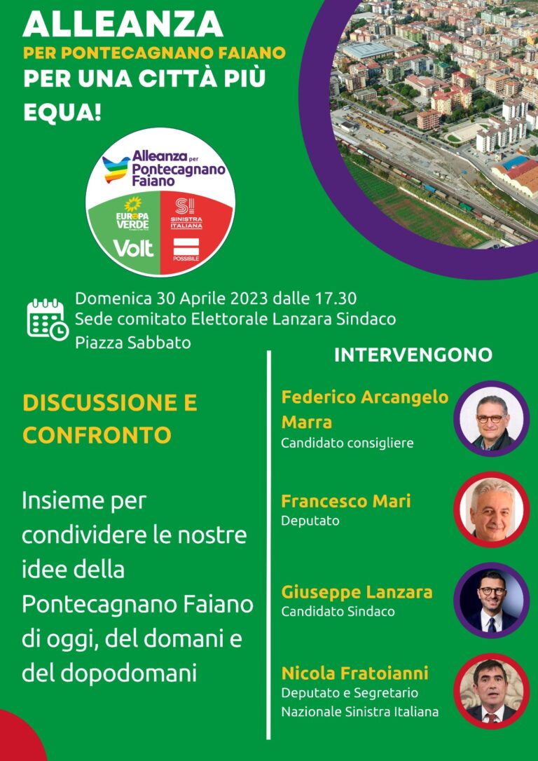 Elezioni Pontecagnano: domenica dibattito con Fratoianni e Mari (AVS), il sindaco Lanzara e Marra