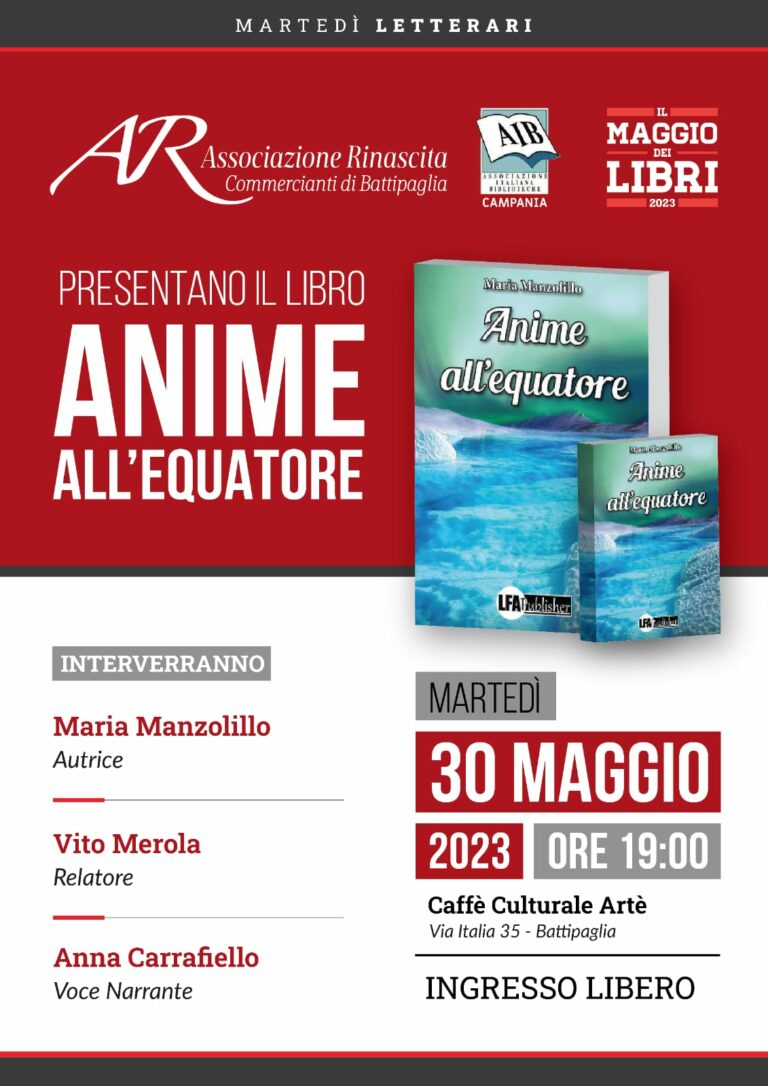 Battipaglia, “Martedì letterari”: ospite di maggio Maria Manzolillo con “Anime all’equatore”