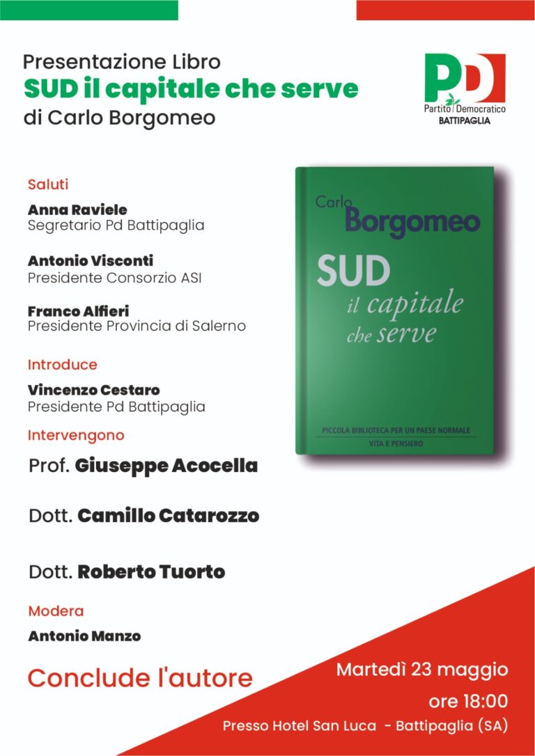 Pd Battipaglia: martedì al San Luca la presentazione del libro “SUD, il capitale che serve”