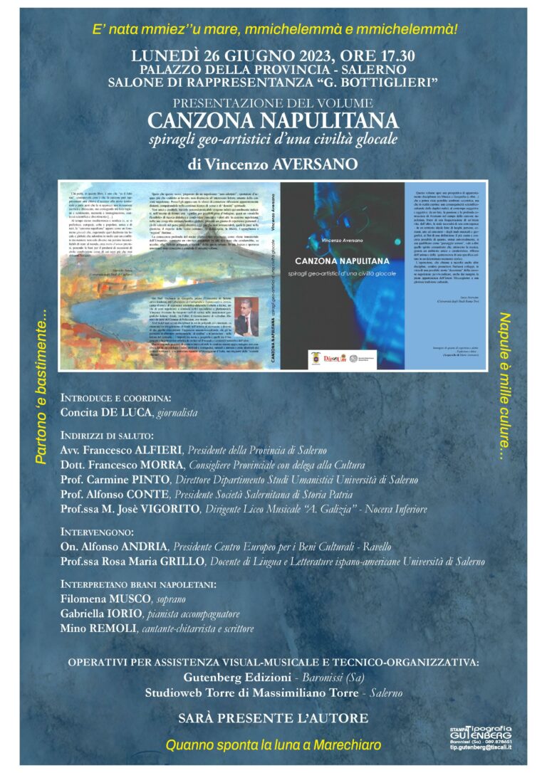 “Canzona napulitana”, lunedì il libro del professore Aversano presentato alla provincia di Salerno