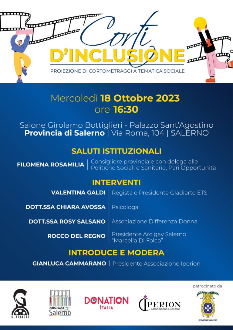 Salerno: “Corti d’Inclusione”, l’evento a Palazzo Sant’Agostino che fonde cinema e temi sociali
